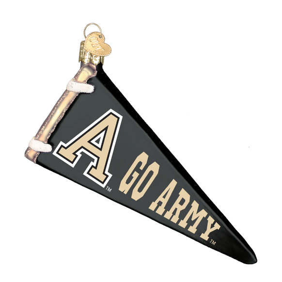 Decorative ornament shaped like a black pennant with 'A' and 'GO ARMY' text on a white background