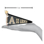 Black pennant with 'GO ARMY' text held in a hand, showing size measurement.