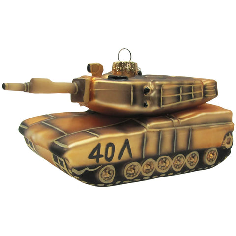 Bronze and gold glass Army tank Christmas ornament with detailed tracks and cannon barrel