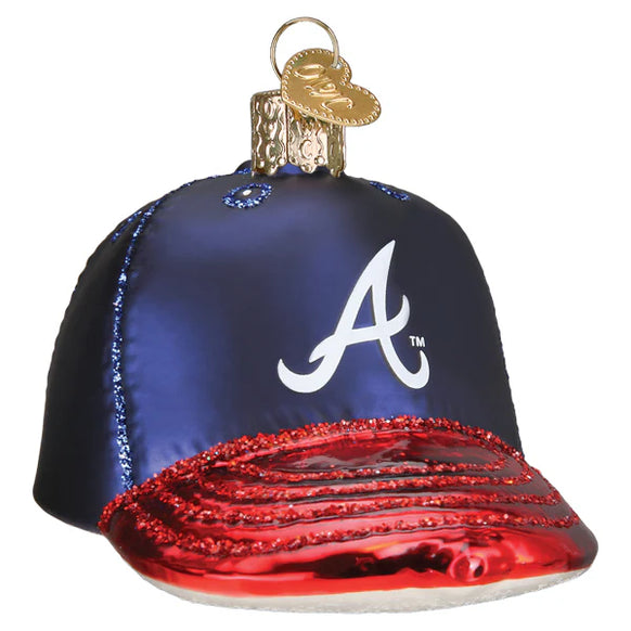 Decorative ornament shaped like a baseball cap with an Atlanta Braves logo on a white background