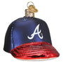 Decorative ornament shaped like a baseball cap with an Atlanta Braves logo on a white background