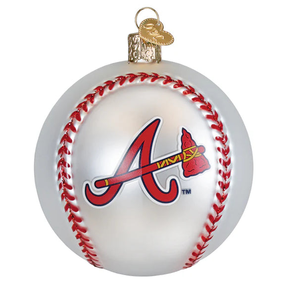 Baseball-shaped ornament with red stitching and Atlanta Braves logo on a white background