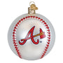 Baseball-shaped ornament with red stitching and Atlanta Braves logo on a white background
