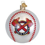 Baseball-shaped ornament with Atlanta Braves logo on a white background
