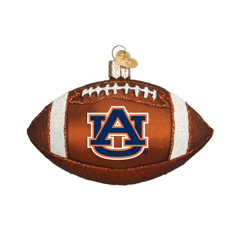 Glass football ornament with Auburn logo on a white background