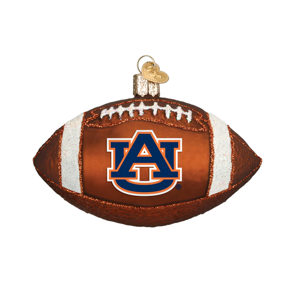 Glass football ornament with Auburn logo on a white background
