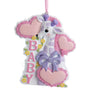 Pink baby giraffe ornament with hearts, yellow flowers, glittery purple bow, and BABY lettering.