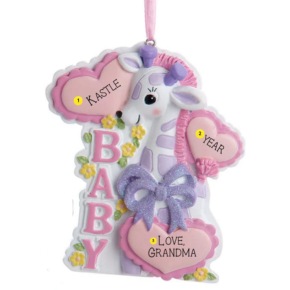 Personalized pink baby giraffe ornament showing name, year, and message placement on heart accents.