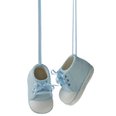 Set of two baby boy shoe ornaments featuring pale blue lace-up baby sneakers with white toe caps and soles.