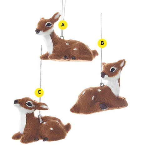 Baby deer ornaments sold individually, featuring soft brown flocked-style texture, white spotted details, and three different resting fawn poses.