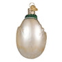 Dinosaur egg ornament with a baby dinosaur emerging on a white background back view