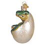 Dinosaur egg Christmas ornament with a baby dinosaur emerging on a white background