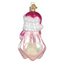 Christmas ornament of a baby Santa with a pink outfit and 'Baby's 1st Christmas' heart, on a white background. Back of ornament