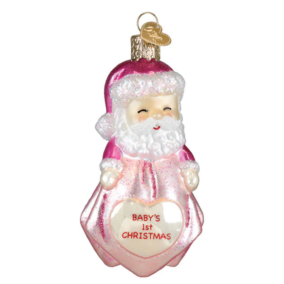 Christmas ornament of a baby Santa with a pink outfit and 'Baby's 1st Christmas' heart, on a white background.