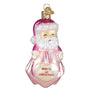Christmas ornament of a baby Santa with a pink outfit and 'Baby's 1st Christmas' heart, on a white background.