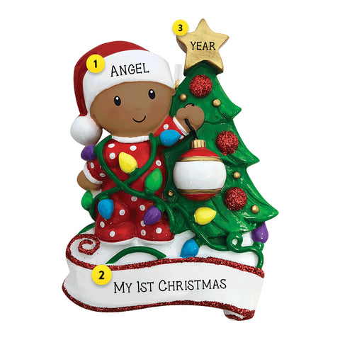 Baby's 1st Christmas Child with Brown Skin Tone Decorating Christmas Tree Personalized ornament
