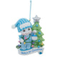 Personalized Baby’s 1st Christmas Snow Kid Ornament - Boy featuring a smiling snow kid in blue pajamas beside a decorated Christmas tree, with space for a name and year.