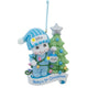 Personalized Baby’s 1st Christmas Snow Kid Ornament - Boy featuring a smiling snow kid in blue pajamas beside a decorated Christmas tree, with space for a name and year. Example Shown