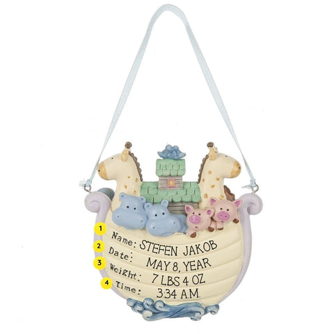 Back of Personalized Baby’s 1st Christmas Noah’s Ark ornament showing pastel hippos and pigs, with printed sample personalization for name, date, weight, and time.