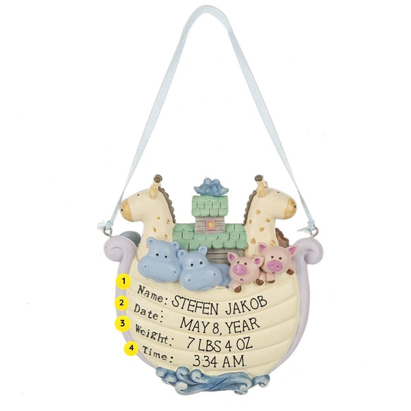 Back of Personalized Baby’s 1st Christmas Noah’s Ark ornament showing pastel hippos and pigs, with printed sample personalization for name, date, weight, and time.