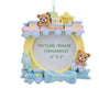 Baby’s first Christmas boy train picture frame ornament with blue bow, teddy bears, pastel blocks, and 2" x 2" photo opening.