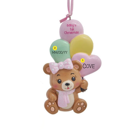 Personalized baby’s first Christmas girl bear ornament with name and birth date placement shown on the pastel balloons.