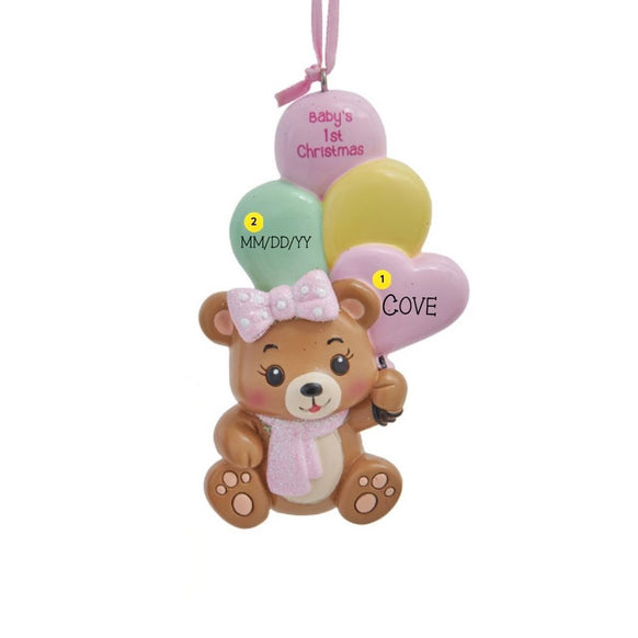 Personalized baby’s first Christmas girl bear ornament with name and birth date placement shown on the pastel balloons.