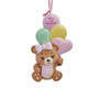 Baby’s first Christmas girl bear ornament with a teddy bear wearing a pink bow and scarf, holding pastel heart balloons.