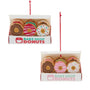 Red Assortment: Ornament shaped like an open donut box with three decorated donuts and a Bake Shop Donuts label in red and teal.
Pink Assortment: Ornament shaped like an open donut box with three decorated donuts and a Bake Shop Donuts label in pink and teal.
