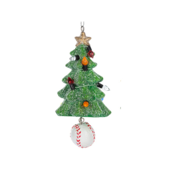 Baseball Christmas tree ornament with a glittered green tree, colorful Christmas lights, gold star topper, and dangling baseball.