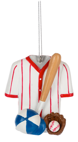Baseball jersey ornament featuring a white shirt with red pinstripes, paired with a bat, glove, baseball, and cap.