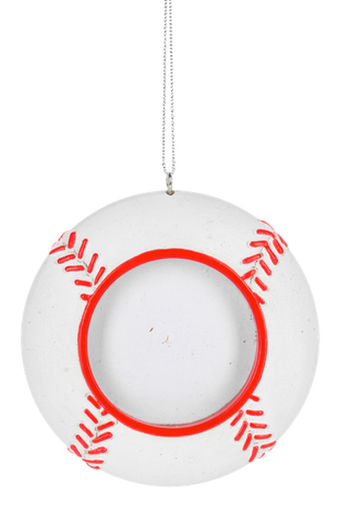 Baseball picture frame ornament shaped like a baseball with red stitched details and a circular center opening for a photo.