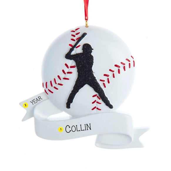 Personalized baseball ornament with red stitching, a black batter silhouette, and a white banner with space for a name and year.