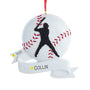 Personalized baseball ornament with red stitching, a black batter silhouette, and a white banner with space for a name and year.