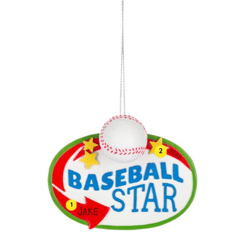 Personalized Baseball Star Sign ornament with a baseball accent, gold stars, and colorful sign design with space for a name and year.