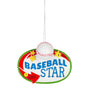 Personalized Baseball Star Sign ornament with a baseball accent, gold stars, and colorful sign design with space for a name and year.
