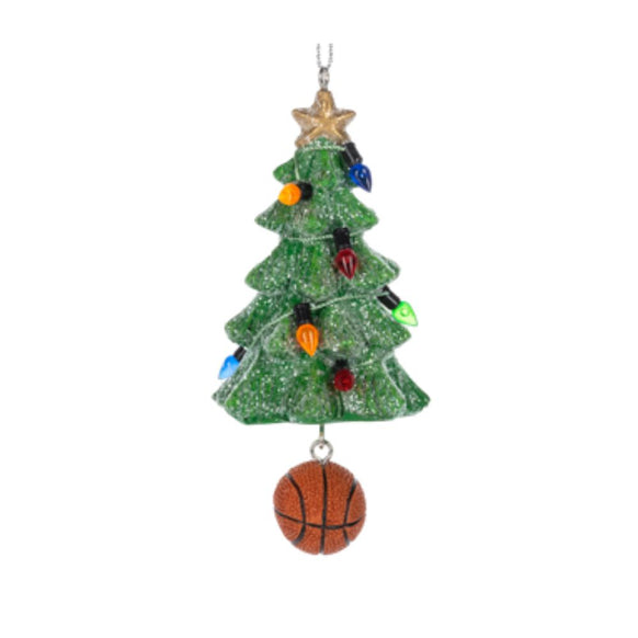 Basketball Christmas tree ornament with a glittered green tree, colorful Christmas lights, gold star topper, and dangling basketball.