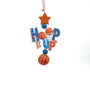Basketball Hoop It Up ornament with colorful lettering, basketballs, a hoop, an orange star, and a basketball below.