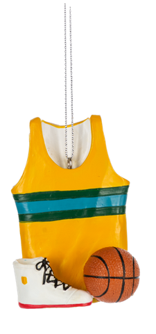 Basketball jersey ornament featuring a yellow tank-style jersey with green stripes, paired with a basketball and sneaker.