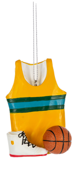 Basketball jersey ornament featuring a yellow tank-style jersey with green stripes, paired with a basketball and sneaker.