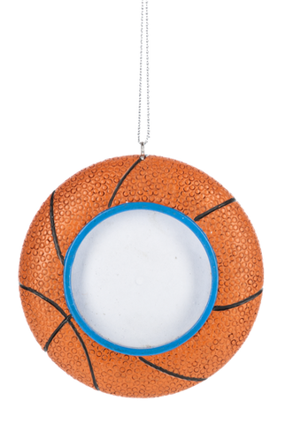 Basketball picture frame ornament with textured orange detailing, black lines, and a circular center opening for a photo.