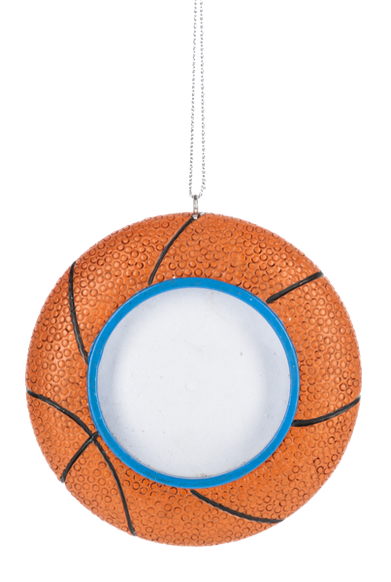 Basketball picture frame ornament with textured orange detailing, black lines, and a circular center opening for a photo.