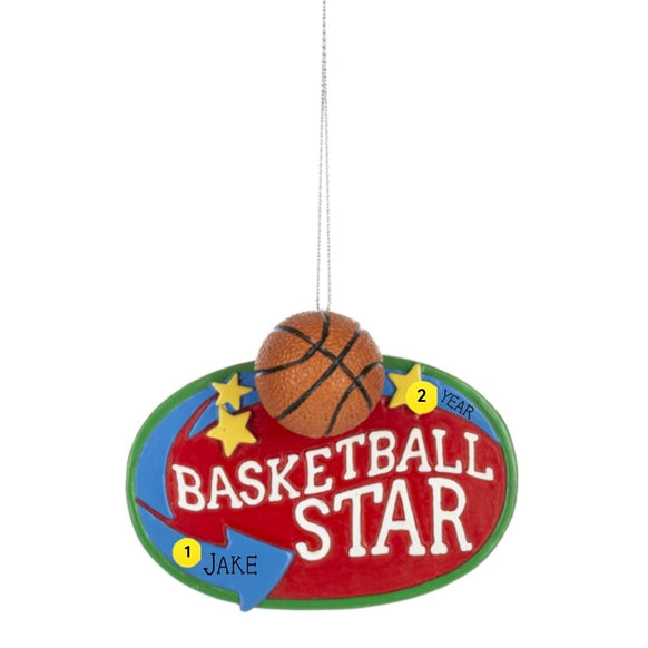 Personalized Basketball Star Sign ornament with a basketball accent, gold stars, and colorful sign design with space for a name and year.