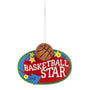 Personalized Basketball Star Sign ornament with a basketball accent, gold stars, and colorful sign design with space for a name and year.