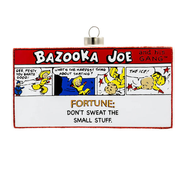 Back of glass Bazooka Bubble Gum box ornament featuring a Bazooka Joe comic panel design with red glittered edges.