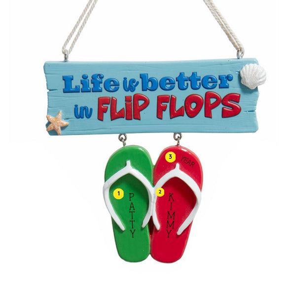 Personalized Life Is Better in Flip Flops ornament with a blue beach sign, two colorful flip flops, and sample names and year.