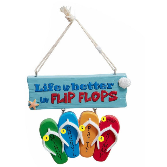Personalized Life Is Better in Flip Flops ornament with a blue beach sign, four colorful flip flops, and sample names and year.