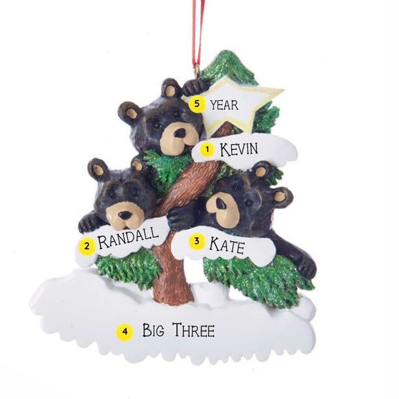 Personalized bear family of 3 ornament with three black bears in a snow-covered evergreen tree and space for three names, a family name, and year. Shown with personalization example. 