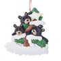 Personalized bear family of 3 ornament with three black bears in a snow-covered evergreen tree and space for three names, a family name, and year. 