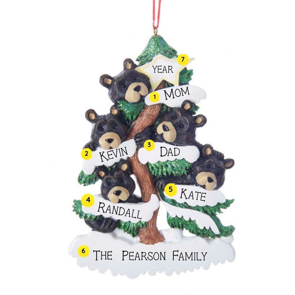 Personalized bear family of 5 ornament with five black bears in a snow-covered evergreen tree and space for five names, a short phrase, and year. Shown with example personalization.